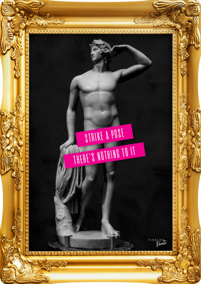 Funny statement acrylic wall art featuring a confident classical male statue striking a pose against a black background.