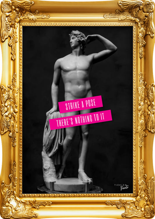 Funny statement acrylic wall art featuring a confident classical male statue striking a pose against a black background.