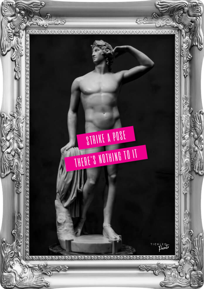 Funny statement acrylic wall art featuring a confident classical male statue striking a pose against a black background.